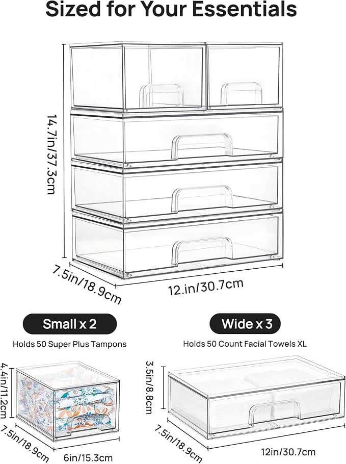 Vtopmart Clear Stackable Storage Drawers Set of 5, Plastic Organizer Bins | - Image 2