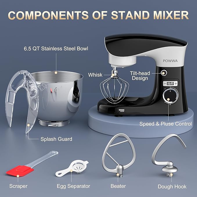 Stand Mixer, 6.5QT 10 Speeds Tilt-Head Electric Stand Mixer, 3-In-1 Kitchen Mixer with Bowl, Dough Hook, Whisk and Beater, Food Mixer for Baking and Daily Use (BLACK WHITE)