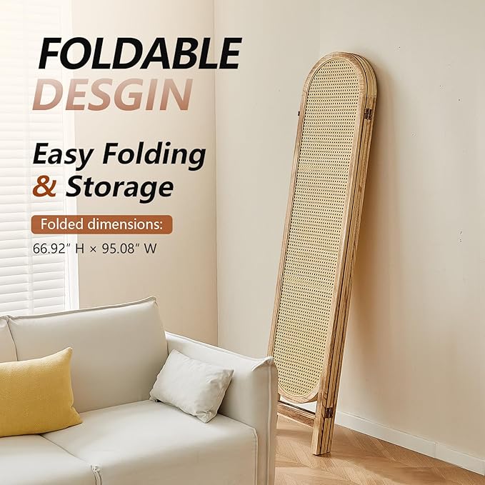 6 Panel Room Divider, 5.6 Ft Foldable Wood Room Divider Screen, Hand-Woven Rattan Folding Privacy Screens with Double Hinges, Wall Divider for Room Separation Bedroom Home Office - Natural