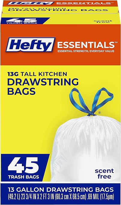 Hefty Essentials Drawstring 13 Gallon Kitchen Trash Bags, Tall Unscented Trash by Hefty