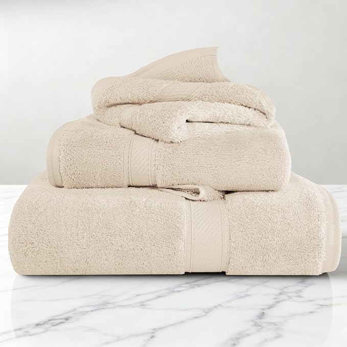 SUPERIOR Egyptian Cotton Ultra Plush & Absorbent, 3 Piece Set, Cream | Quick Dry - Image 2