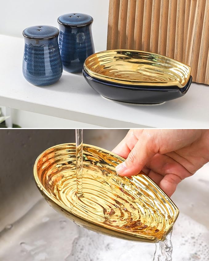 Hasense Spoon Rests Set of 2 for Stove Top, Large Ceramic Spoon Holder for Kitchen Counter, Cooking Utensil Rest for Spatulas, Spoons and Tongs, Kitchen Gadget Cooking Spatula Holder, Gold and Blue