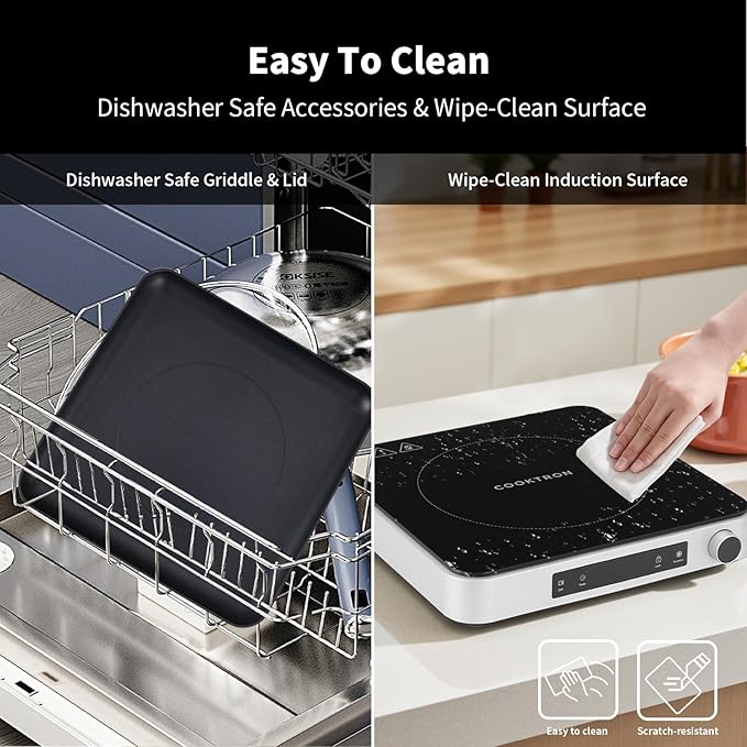 2-in-1 Induction Cooktop with Grill Pan – Portable 1 Burner Induction Hot Plate 1800W, Removable Griddle, 10 Power & 5 Temp Levels, Touch & Knob Control for Kitchen or RV Camping
