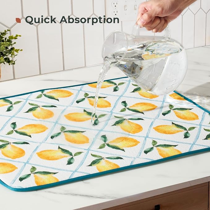 FRESHMINT Dish Drying Mats 2 Pack, Farmhouse Lemon | Quick Dry, Ultra Absorbent - Image 4