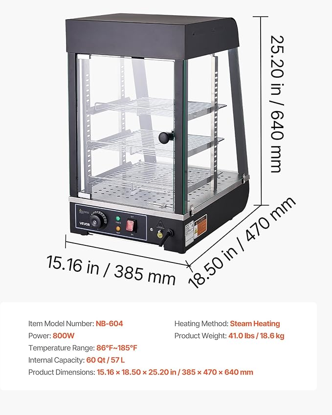 VEVOR 3-Tier Commercial Food Warmer Display, 800W Food Display Warmer with LED Light, Top Storage and Adjustable Shelves, 86℉~185℉ Steam Heating, 60 Qt /57L for Hamburger, Pizza, Bread, Fried Chicken