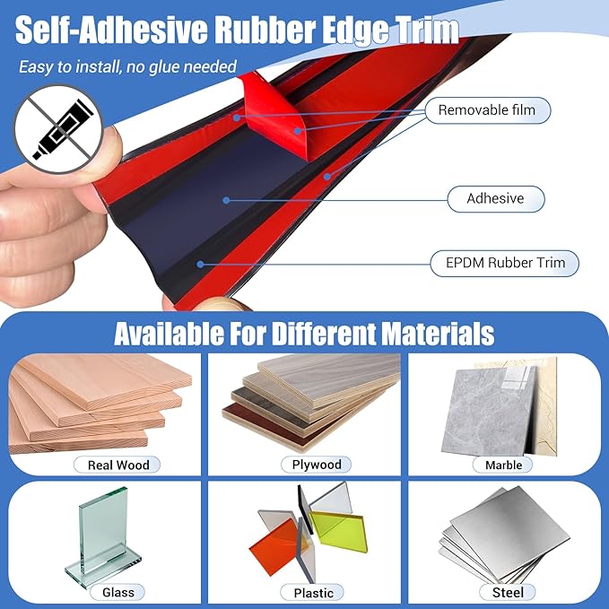 Rubber Edge Trim, Self-Adhesive U Shaped Edge Protector for Plywood, Cabinet, 2-1/4" Wood Edge Banding, Flexible Furniture Repair, EPDM Material, Fit 2-1/4"(57mm), Length 20Ft, Black
