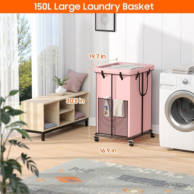 Laundry Hamper with Wheels, 150L Rolling Laundry Basket with Bag & Handles - Image 2