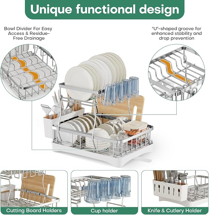 2 Tier Dish Drying Rack, Stainless Steel Dish Rack - Image 4