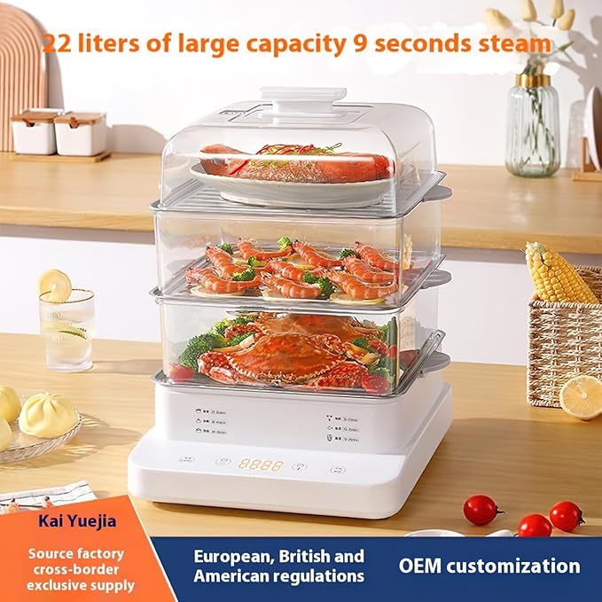Electric Food Steamer, 3-Tier 2.2L Capacity, Digital Control Panel, 9-Second Steam Technology, Clear Stackable Baskets