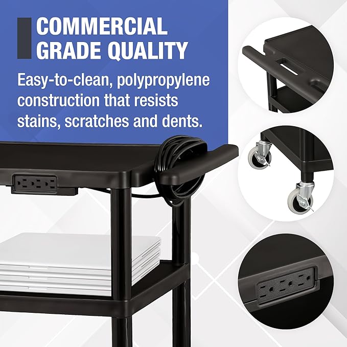 Norwood Commercial Furniture Mobile Utility AV Cart with Power Strip and Casters, Rolling Presentation and Media Cart on Wheels, Black