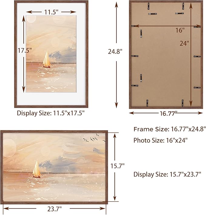 16x24 Picture Frame for Wall, Rustic Wood 16 by 24 Poster Frames, Oak Wood Picture Frame 16 x 24 with Real Glass, 12x18 Frame Matted to 16x24, Minimalist 16 x 24 Wood Frames, Walnut Color, 1 Pack