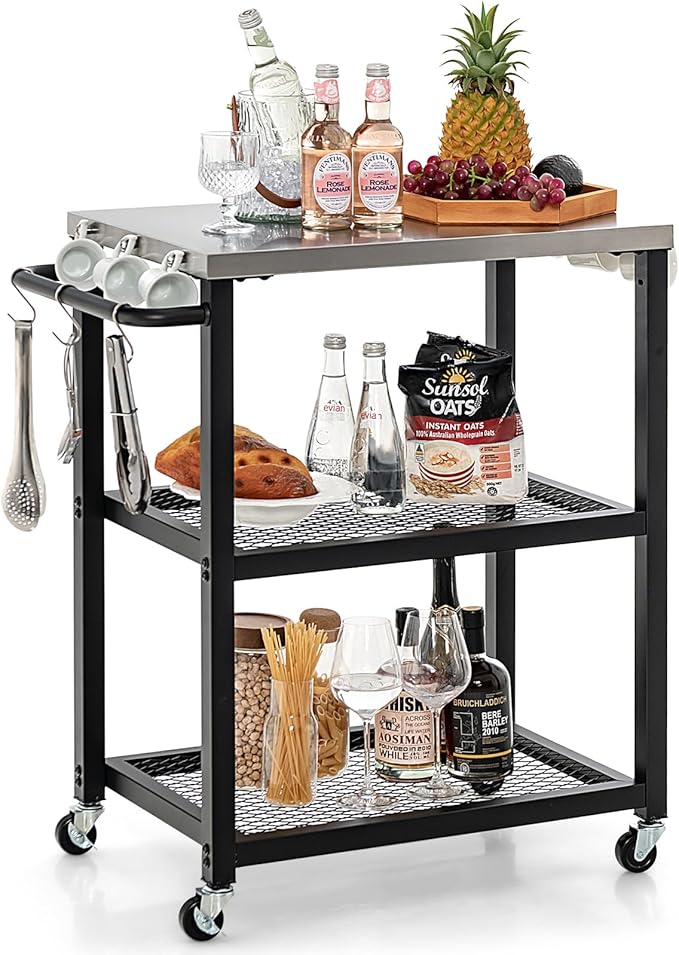 Giantex Outdoor Grill Cart - Movable Pizza Oven Stand with Stainless Steel Top, 2 Storage Shelves, 9 Hooks, Food Prep Cooking Table with Lockable Wheels, Dinning Serving Cart for Kitchen BBQ Party