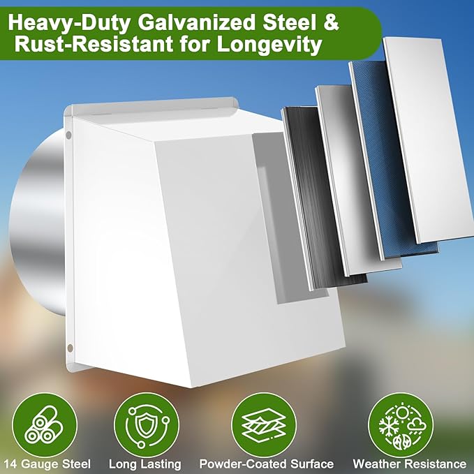 6 Inch Hooded Wall Vent Cover, Dryer Wall Vent Cover Outside with Screen & Damper, Wall Exhaust Vent Cover, Outdoor Air Vent Cap for Range Hoods/Kitchen/Bathroom/Laundry/Basements/Garages, White