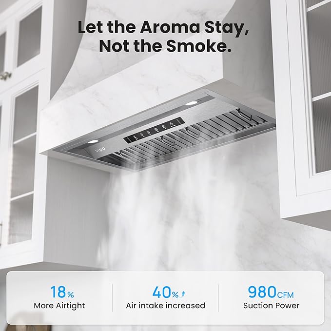 VIKIO HOMERange Hood Insert/Built-in 36 Inch, Kitchen Hood with 980 CFM, 3-Speed, Ducted/Ductless Convertible, Stainless Steel Vent Hood/Gesture/Touch Control, 3 Pcs Baffle Filters with Handlebar