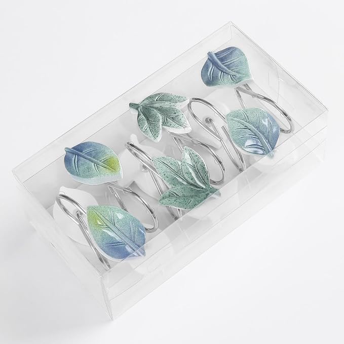Blue Plant Leaf Shower Curtain Hooks, Eucalyptus Bathroom Decor, Metal Rustproof - Image 2