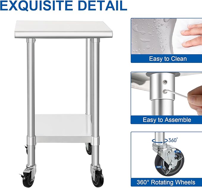 HARDURA Stainless Steel Commercial Table Prep & Work Table with Casters Heavy Duty Metal Table with Wheels NSF 430 14×24 Inches