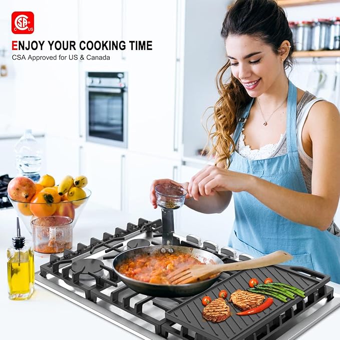 GASLAND 30 Inch Gas Cooktop, PRO GH3305SF 5 Burner Propane Stovetop with Reversible Cast Iron Grill/Griddle, Gas Countertop Plug-in, NG/LPG Convertible Cooktops, Stainless Steel