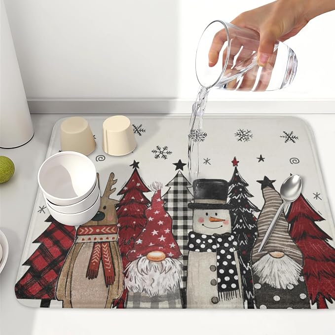 Giwawa Winter Snowman Gnome Dish Drying Mat Xmas Tree Dishes Pad 16"x18" - Image 6
