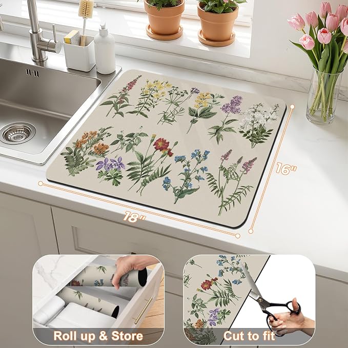 LOKHOM 16"x18" Dish Drying Mat，Vintage Sage Flower Herb Coffee Mat | Ultra - Image 2