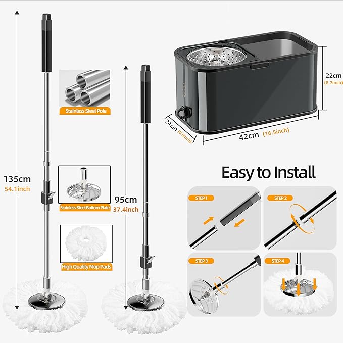 Spin Mop and Bucket with Wringer Set for Home,360° Mop and Bucket with Separate Clean and Dirty Water,Wet Dust Mop for Floor Cleaning with Extra Refills (Black)