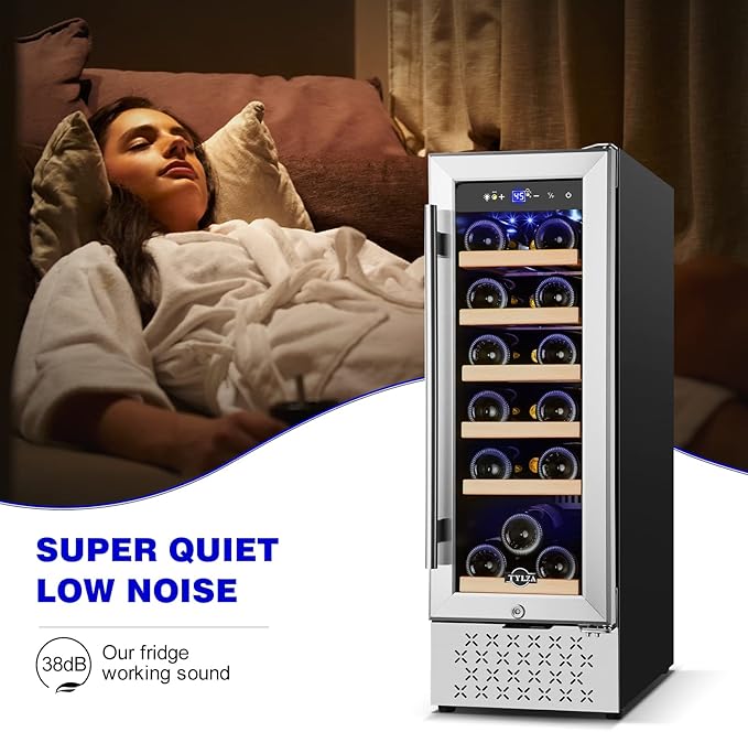 Tylza 12" Wine Cooler Refrigerator, 18 Bottles Capacity, Compact Freezerless, Temperature Stability, Low Noise, Double-Layer Tempered Glass Door