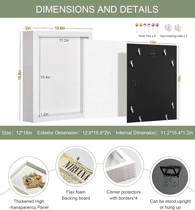 12x16 Shadow Box Display Case Picture Frame with Soft Linen Back, Large Deep White Shadow Box 12x16 for Flowers Medal Display Case Jersey pet Graduation Memorabilia Baby Ltems Crafts Photos