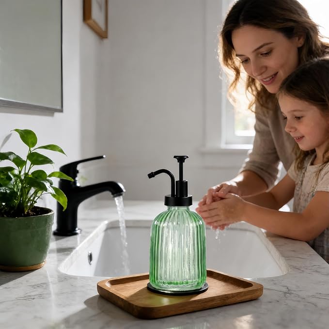 SheeChung 12oz Green Glass Liquid Soap Dispenser, 1 Pack | Elegant Hand Soap - Image 5