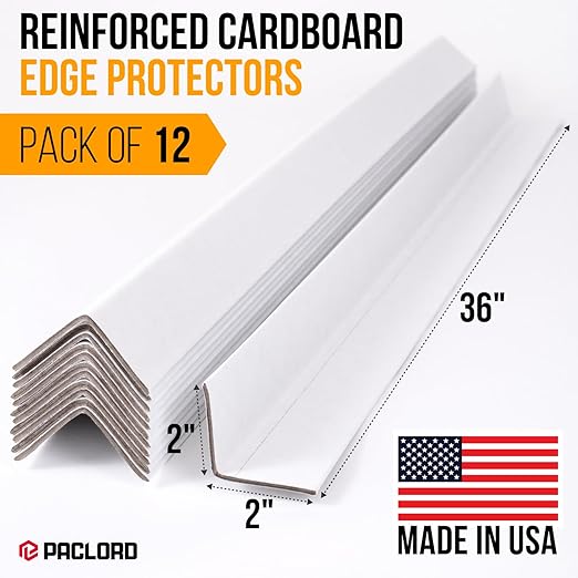 36" x 2" x 2" Reinforced Cardboard Edge Protectors, White (Pack of 12) – 0.12" Thick Medium-Duty Cardboard Corner Protectors for Shipping – American Quality V-Board Pallet Edge Protectors