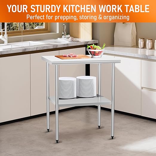 Stainless Steel Table for Food Prep & Work 24 x 30 inches Utility Table with Adjustable Undershelf, Commercial Workstation in Kitchen, Garage, Laundry, Outdoor BBQ