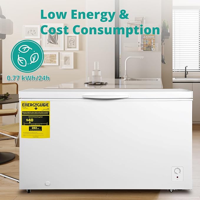 SMETA Deep Freezer 14 Cubic Feet, Chest Freezer Garage Ready, 4 Wheels Large Storage Chest Freezer with 1 Basket, Low Noise, Energy Saving, Thermostat Control for Home, Office, Kitchen, White