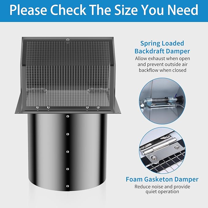 4 Inch Wall Vent Cover with Screen and Damper,Heavy Duty Stainless Steel Exhaust Vent Cover Cap,Dryer Vent Pipe is 8-1/4 inch and Long Enough for Wall Black