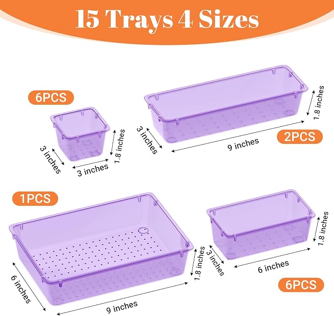 SpaceHacks 15 PCS Plastic Drawer Organizer Set, Drawer Storage Trays | 4-Size - Image 3