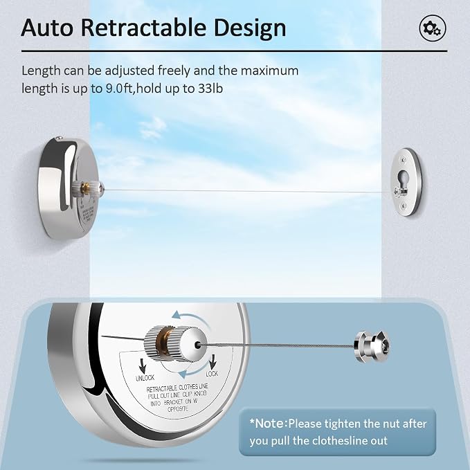 Clatoon Retractable Clothesline 9.0 Feets Adjustable, 304 Stainless Steel - Image 4