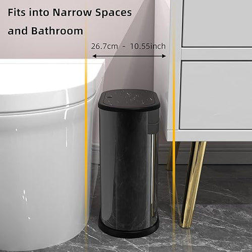 1.8 Gallons Small Stainless Steel Trash Can with Press Type Lid, Slim Bathroom Garbage Bin, Removable Liner Bucket, Narrow Wastebasket with Pop-Up Lid for Bedroom,Toilet (Titanium Black)