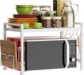Extendable Microwave Oven Rack - Adjustable Kitchen counter shelf, 2 Tier Microwave Stand (L15.7~23.6" xW12.8 xH17.7) with 6 Hooks for Kitchen Countertop Organizer (White)