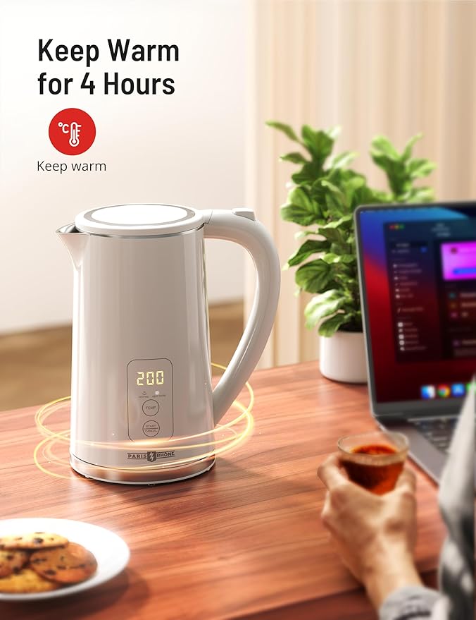 PARIS RHÔNE Electric Tea Kettle, 1.7L Temperature Control Electric Kettle, 4H Keep Warm Water Boiler with 6 Presets, LED Screen Electric Kettles for Boiling Water, Boil-Dry Protection, BPA Free
