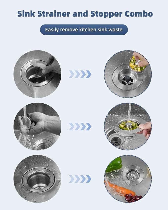 3-in-1 Kitchen Sink Strainer Stopper Combo, Universal Fit, All Metal - Image 2
