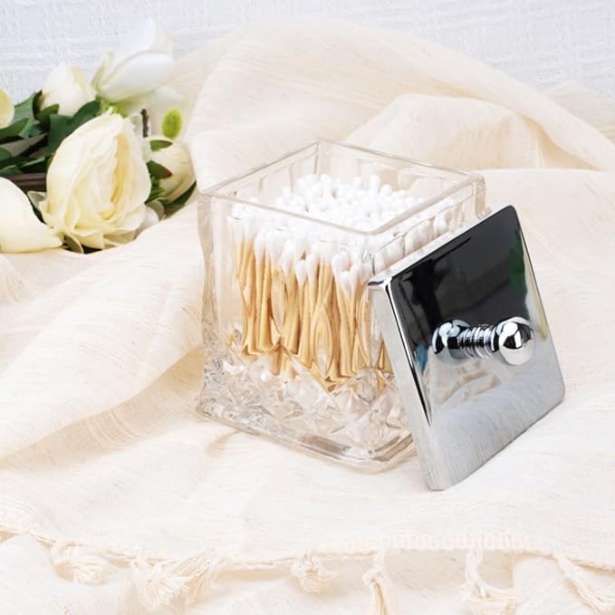 15Oz Clear Q-Tip Holder, Square Thick Glass & Metal Lid - Image 2