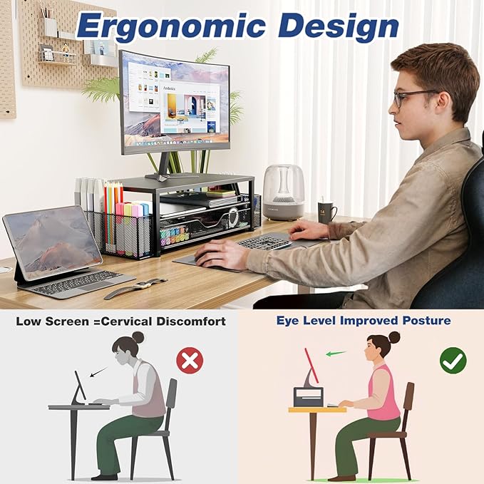 Desk Organizer and Accessories, 2-Tier Computer Monitor Stand Riser - Image 2