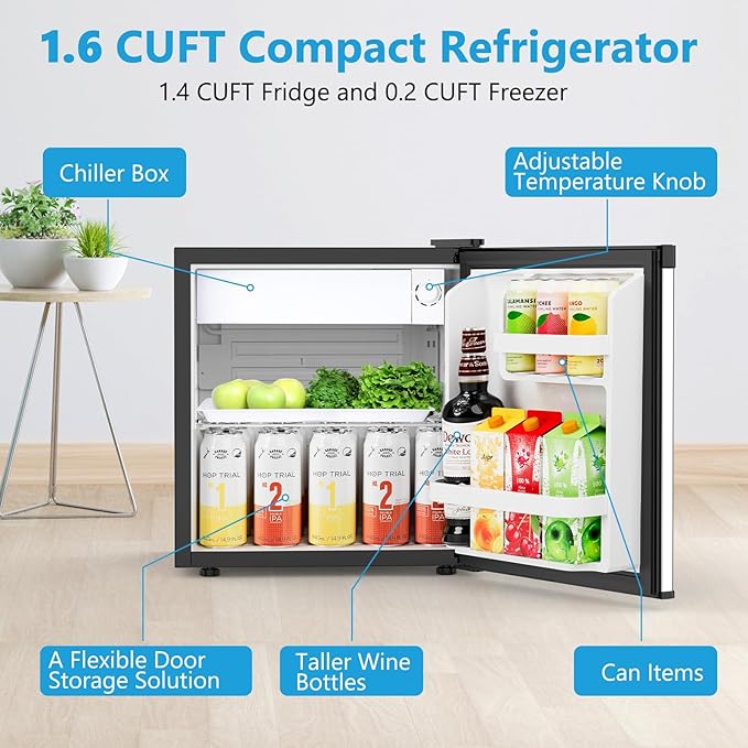 1.7 Cu.ft Mini Fridge with Freezer, Compact Refrigerator, Single Reversible Door, Ultra Quiet, Energy Efficient for Office, Dorm, Bedroom, Apartment, Silver