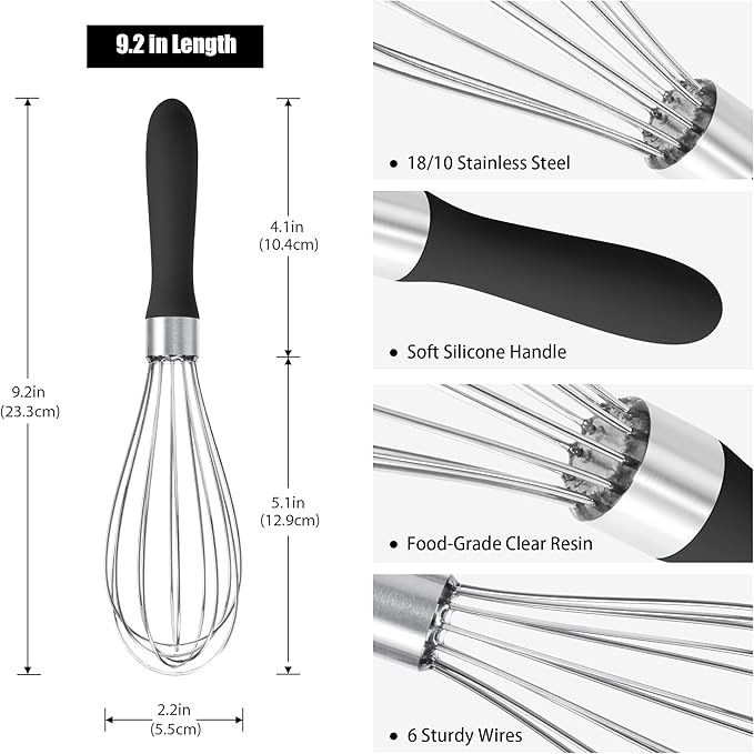 18/8 Stainless Steel Balloon Whisk, Doosu Kitchen Whisk for Cooking Handheld Egg Beater with Rust-Proof Sturdy Wires & Non-Slip Silicone Handle for Beating, Stirring, Blending (6 Wires, Black)