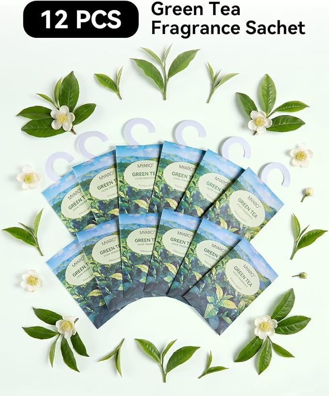 MYARO 12Pcs Green Tea Sachets Hanging Car Air Freshener, Closet Deodorizer - Image 5