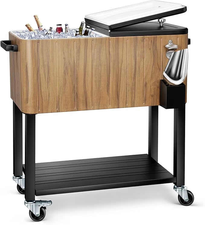 EDOSTORY 80 Quart Rolling Ice Chest Cooler Cart,Patio Backyard Party Drink Beverage Bar Stand Up Cooler Trolley with Ice Scoop