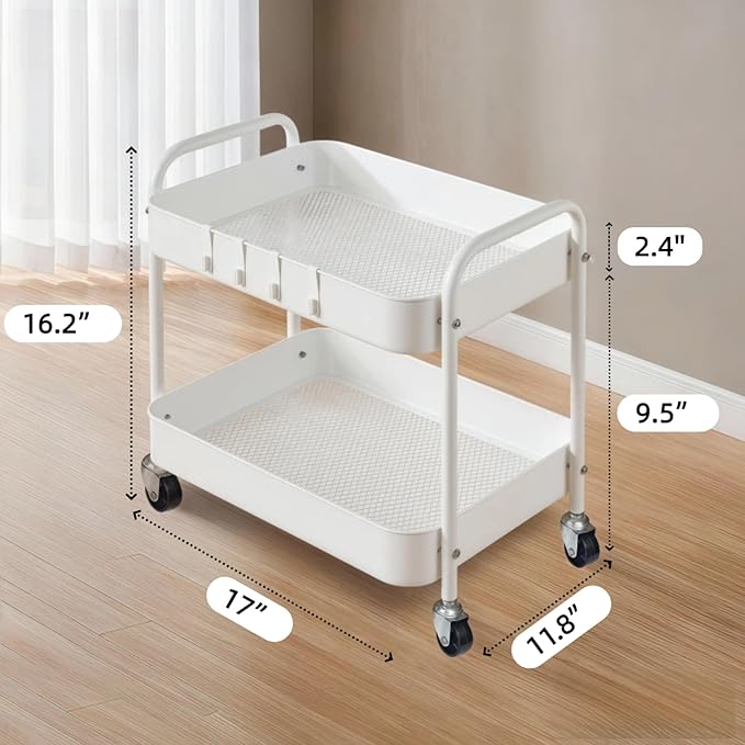 Under Desk Storage Cart 2 Tier Utility Rolling Cart with Wheels, Small Metal Mobile Trolley with Handle Two Tiered Utility Organizer Roller for Kitchen Office Bathroom Pantry Room, White