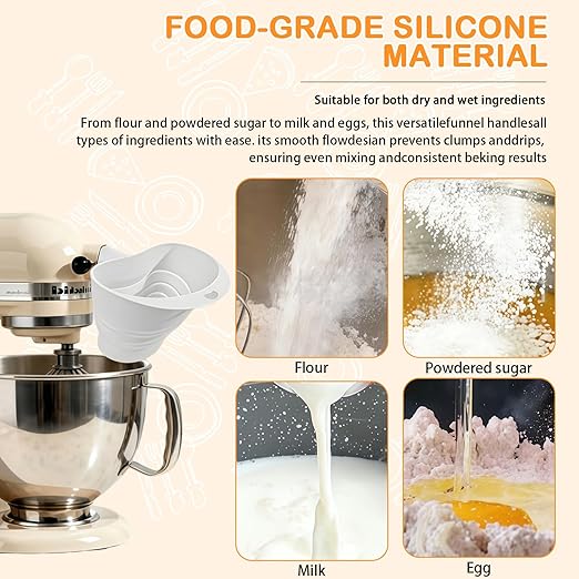 Silicone Foldable Flour Funnel for Kitchen Aid Mixer,Easy Pour No-Mess Attachment,Anti-Splash Accessory,Fits Tilt-Head 4.5–7 Qt (KSM153),Durable Dishwasher-Safe Baking Tool(Blue)
