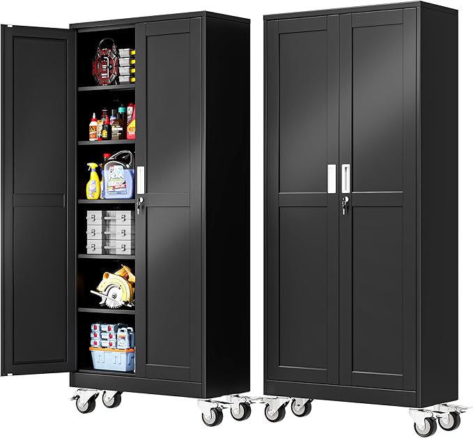 75''H Metal Garage Storage Cabinet with Wheels,Steel File Cabinets with 2 Doors and 5 Adjustable Shelves for Home Office, Warehouse, Required Assembly,Black