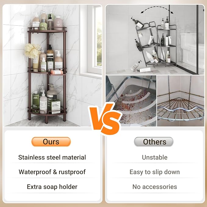 ELYKEN Corner Shower Caddy Standing, 3 Tier Metal Shower Organizer - Image 7