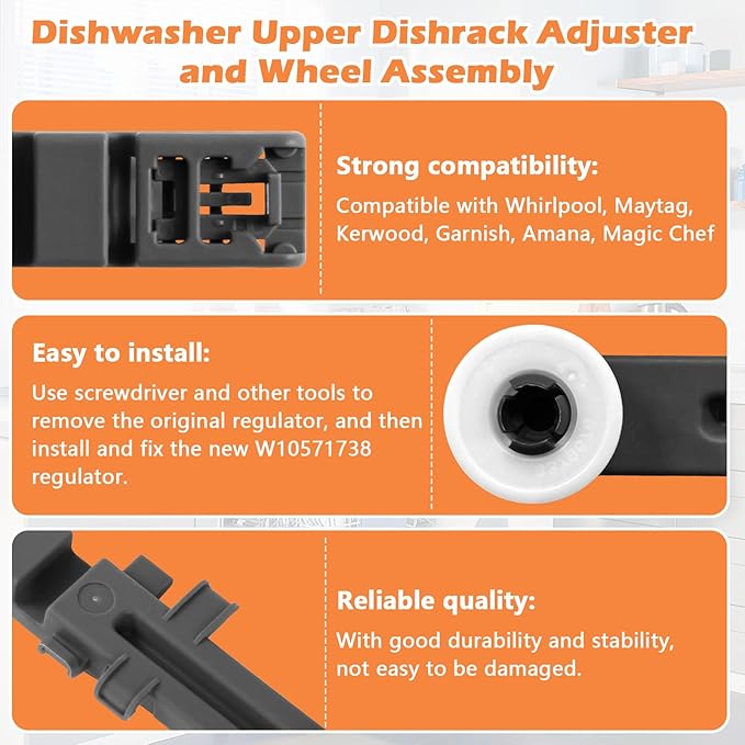 W10571738 3449627 Dishwasher Upper Dishrack Adjuster and Wheel Assembly Replacement for Whirlpool, Maytag, KitchenAid, Magic Chef Dishwasher Replace Parts PS11756470, WPW10571738, AP6023130 (4 Pack)