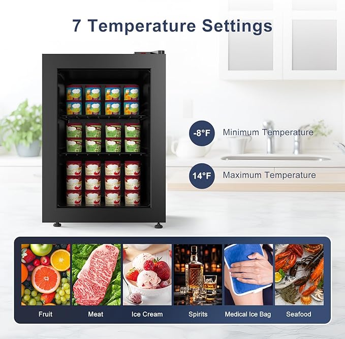 Northair Mini freezer 2.1 Cu Ft Glass Door Display, 2 Removable Shelves, 7 Temperature Settings -8°F to 14°F, Black