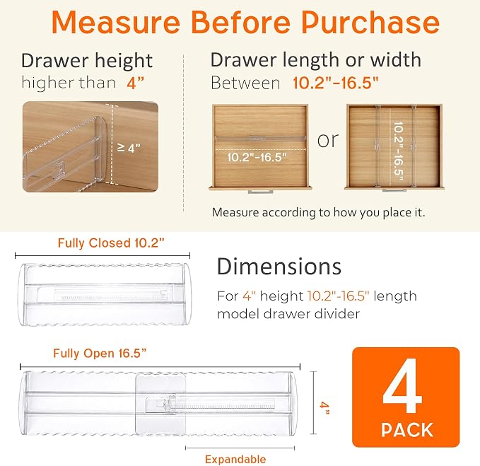 4 Pack 4" High Drawer Dividers for Clothes, 10.2"-16.5" Expandable | Dresser - Image 2